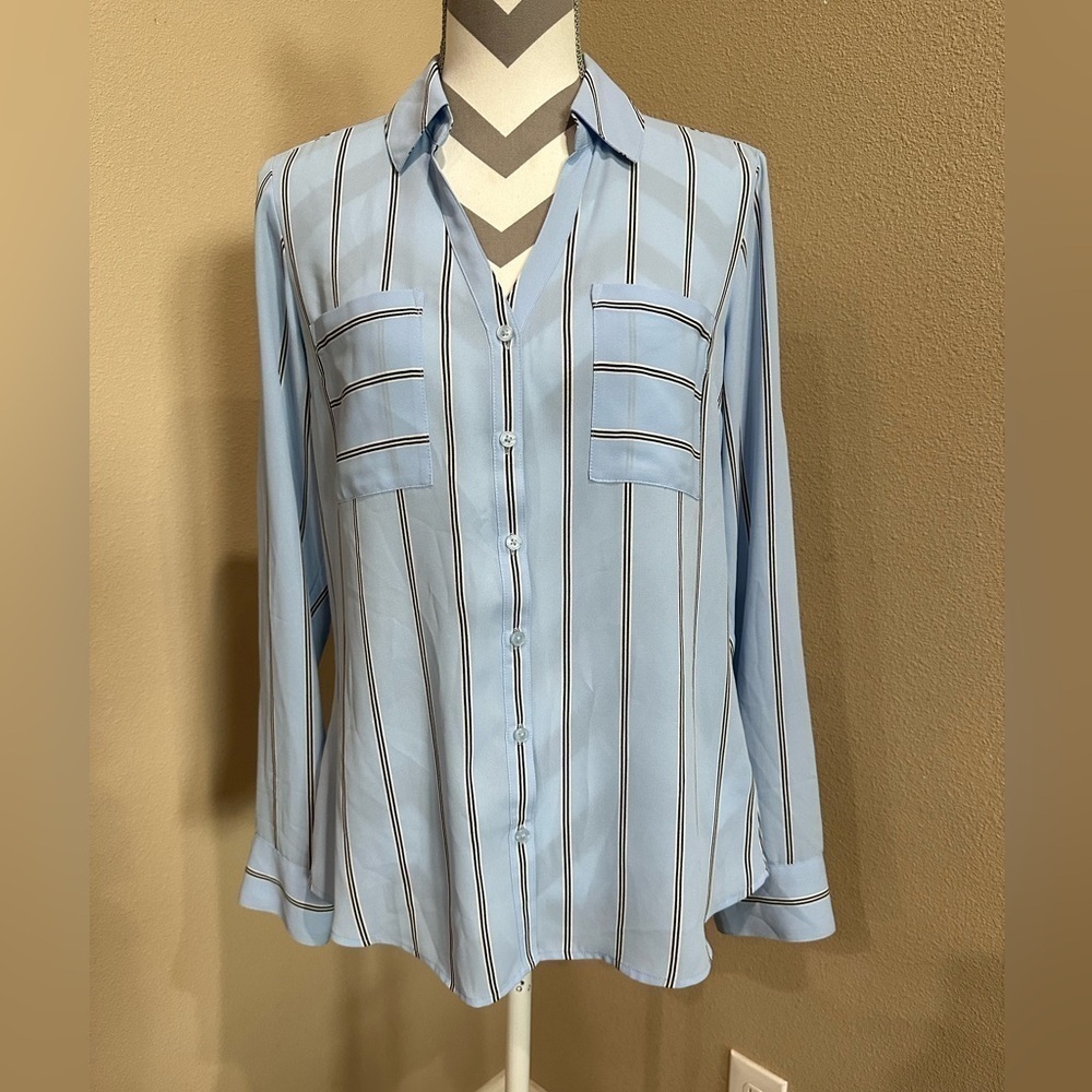 Express Light Blue and White Vertical Stripe Button-Up Blouse